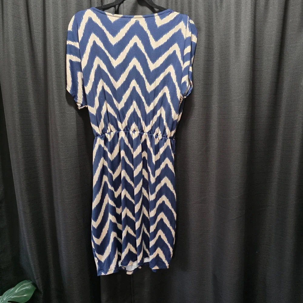 Corey‎ P Womens Navy Blue Cream Chevron Ikat Faux Wrap V-Neck Dress Large